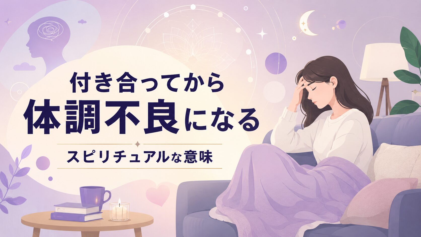 付き合ってから体調不良になるスピリチュアルな意味をテーマにしたブログアイキャッチ。ソファに座る女性が体調不良を感じながら静かに思案する様子をフラットイラストで描写。背景には月や星、光の円環、ハートなどの抽象モチーフを配置し、恋愛によるエネルギー変化やスピリチュアルな気づきを象徴的に表現。淡いパープルを基調とした上品な配色で、中央に「付き合ってから 体調不良になる」、下部に「スピリチュアルな意味」の日本語タイトルを大きくレイアウトした横長16:9デザイン。