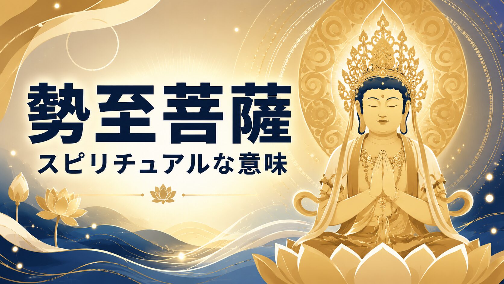 勢至菩薩のスピリチュアルな意味やご利益をテーマにしたアイキャッチイラスト。光輪と蓮華が広がる神秘的で荘厳な世界観を表現。