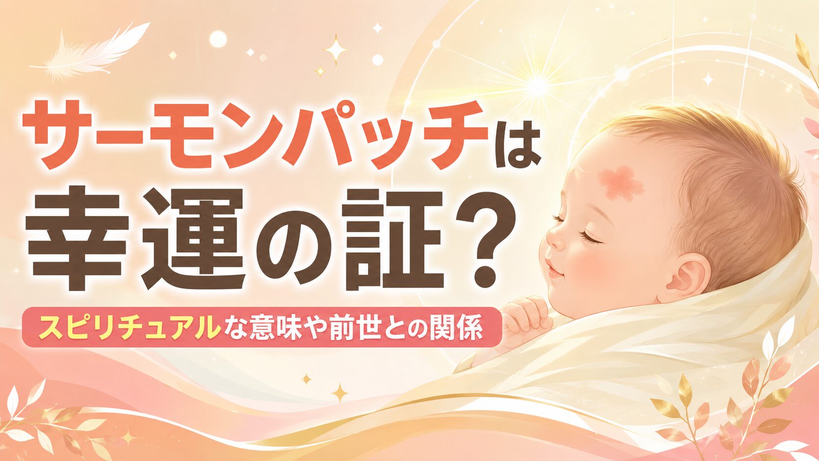 サーモンパッチは幸運の証なのかを解説する記事のアイキャッチ画像。前世やスピリチュアルな意味を連想させる赤ちゃんのイラスト