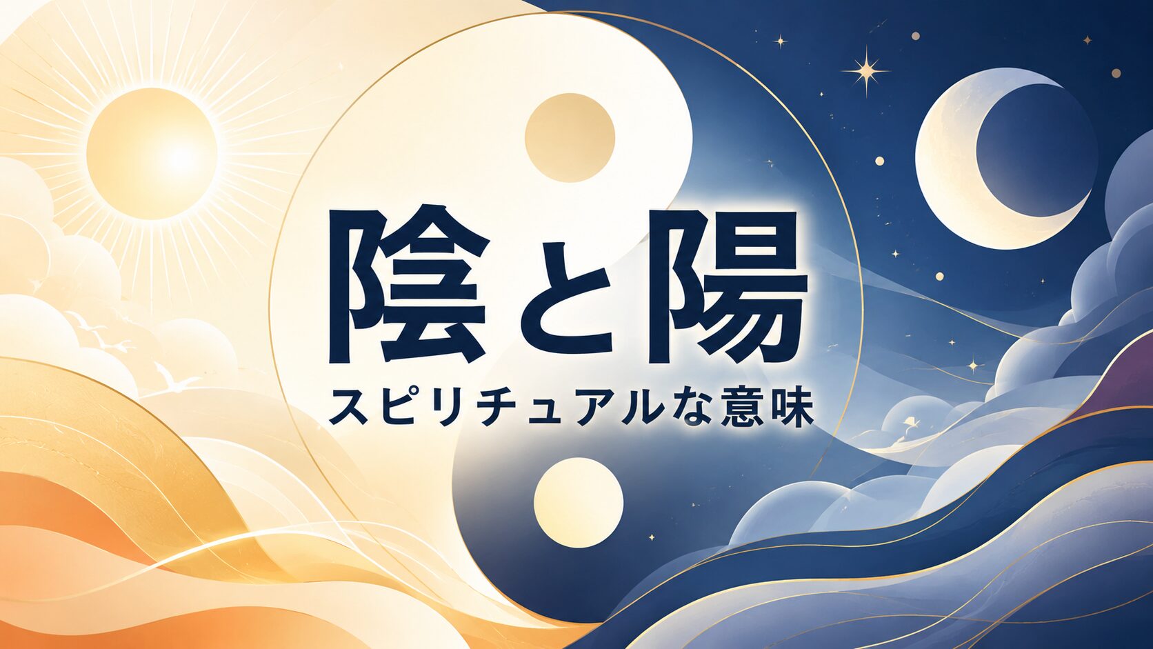 陰と陽のスピリチュアルな意味をテーマにしたブログアイキャッチ画像。陰陽思想を象徴する太陽と月、光と闇、昼と夜のエネルギーバランスを抽象的なリッチフラットイラストで表現し、調和や統合、人生の二面性を視覚化している。